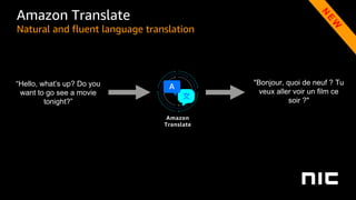 “Hello, what’s up? Do you
want to go see a movie
tonight?”
Amazon Translate
Natural and fluent language translation
"Bonjour, quoi de neuf ? Tu
veux aller voir un film ce
soir ?"
Amazon
Translate
 
