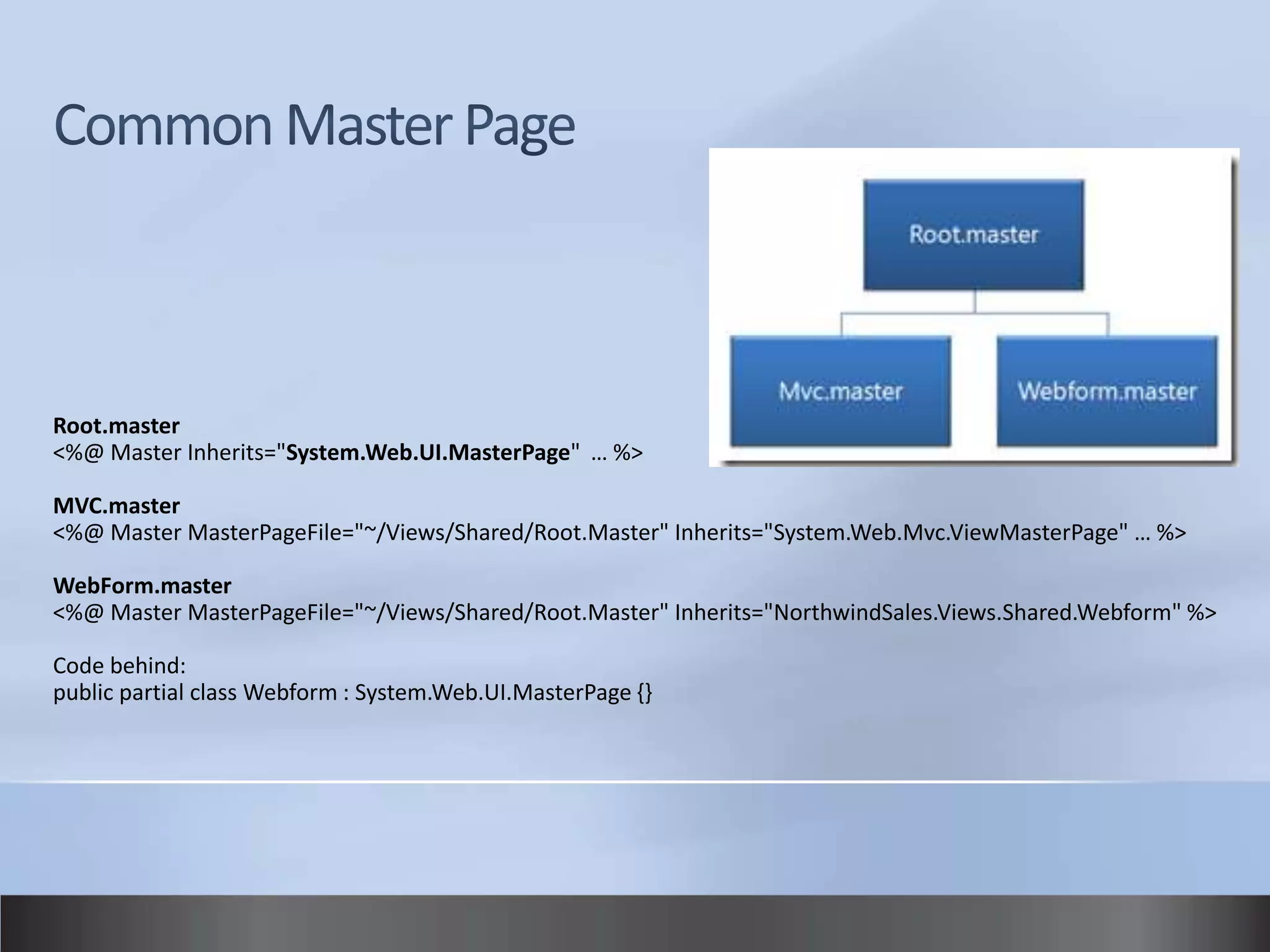 Root.master
<%@ Master Inherits="System.Web.UI.MasterPage" … %>

MVC.master
<%@ Master MasterPageFile="~/Views/Shared/Root.Master" Inherits="System.Web.Mvc.ViewMasterPage" … %>

WebForm.master
<%@ Master MasterPageFile="~/Views/Shared/Root.Master" Inherits="NorthwindSales.Views.Shared.Webform" %>

Code behind:
public partial class Webform : System.Web.UI.MasterPage {}
 