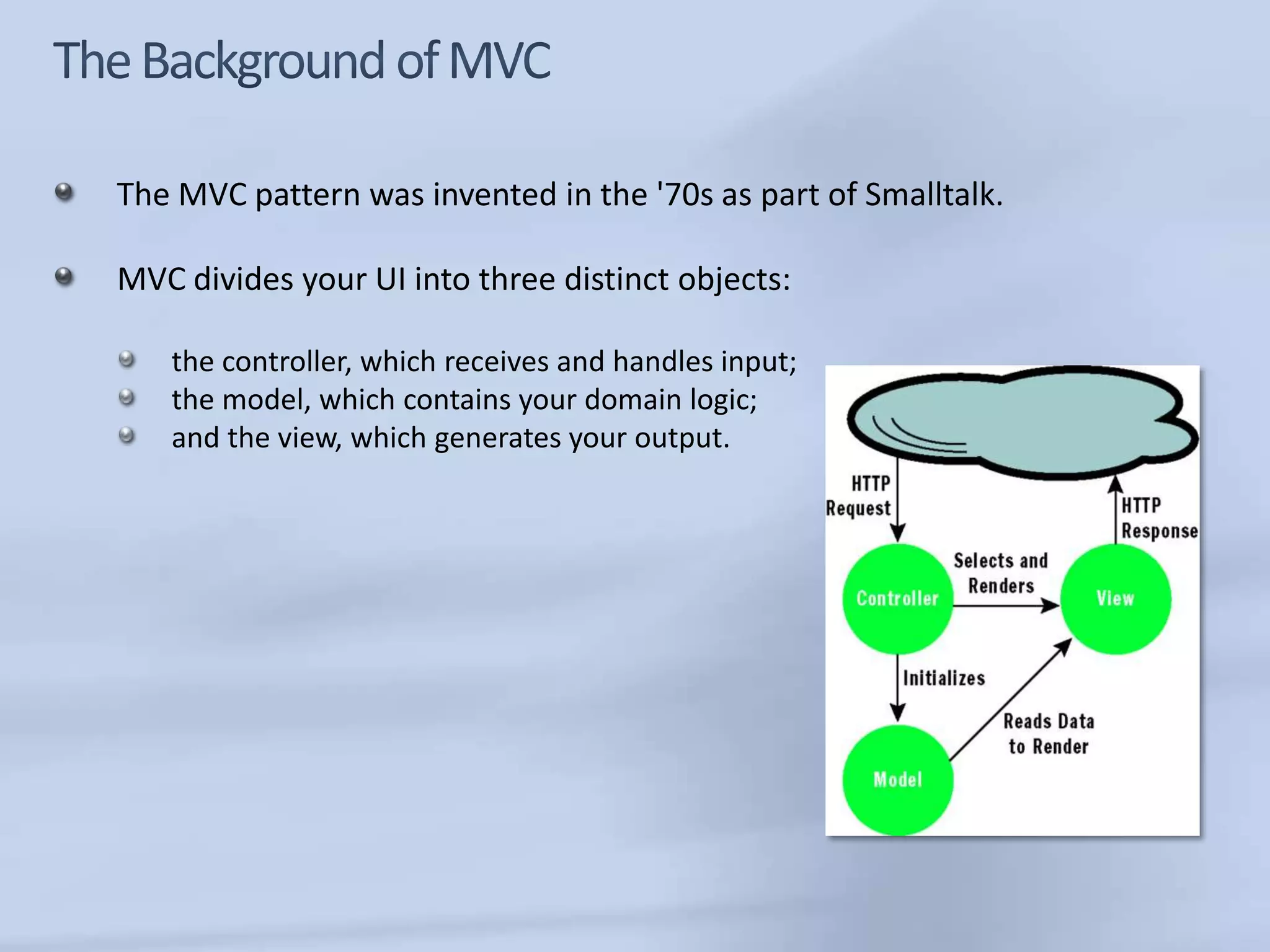 The MVC pattern was invented in the '70s as part of Smalltalk.

MVC divides your UI into three distinct objects:

   the controller, which receives and handles input;
   the model, which contains your domain logic;
   and the view, which generates your output.
 