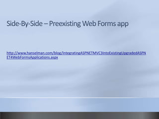 http://www.hanselman.com/blog/IntegratingASPNETMVC3IntoExistingUpgradedASPN
ET4WebFormsApplications.aspx
 