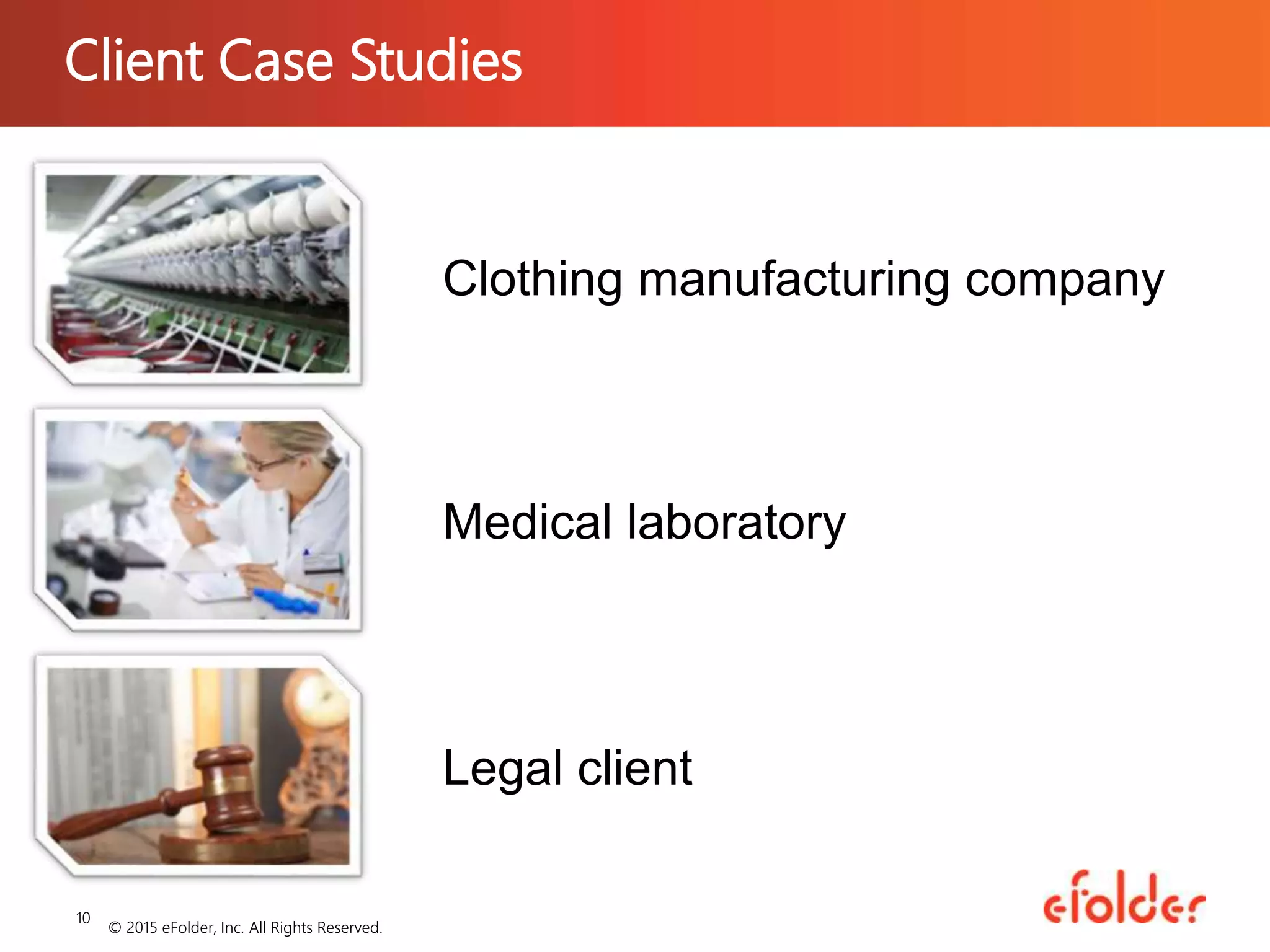 Client Case Studies
© 2015 eFolder, Inc. All Rights Reserved.
10
Clothing manufacturing company
Medical laboratory
Legal client
 