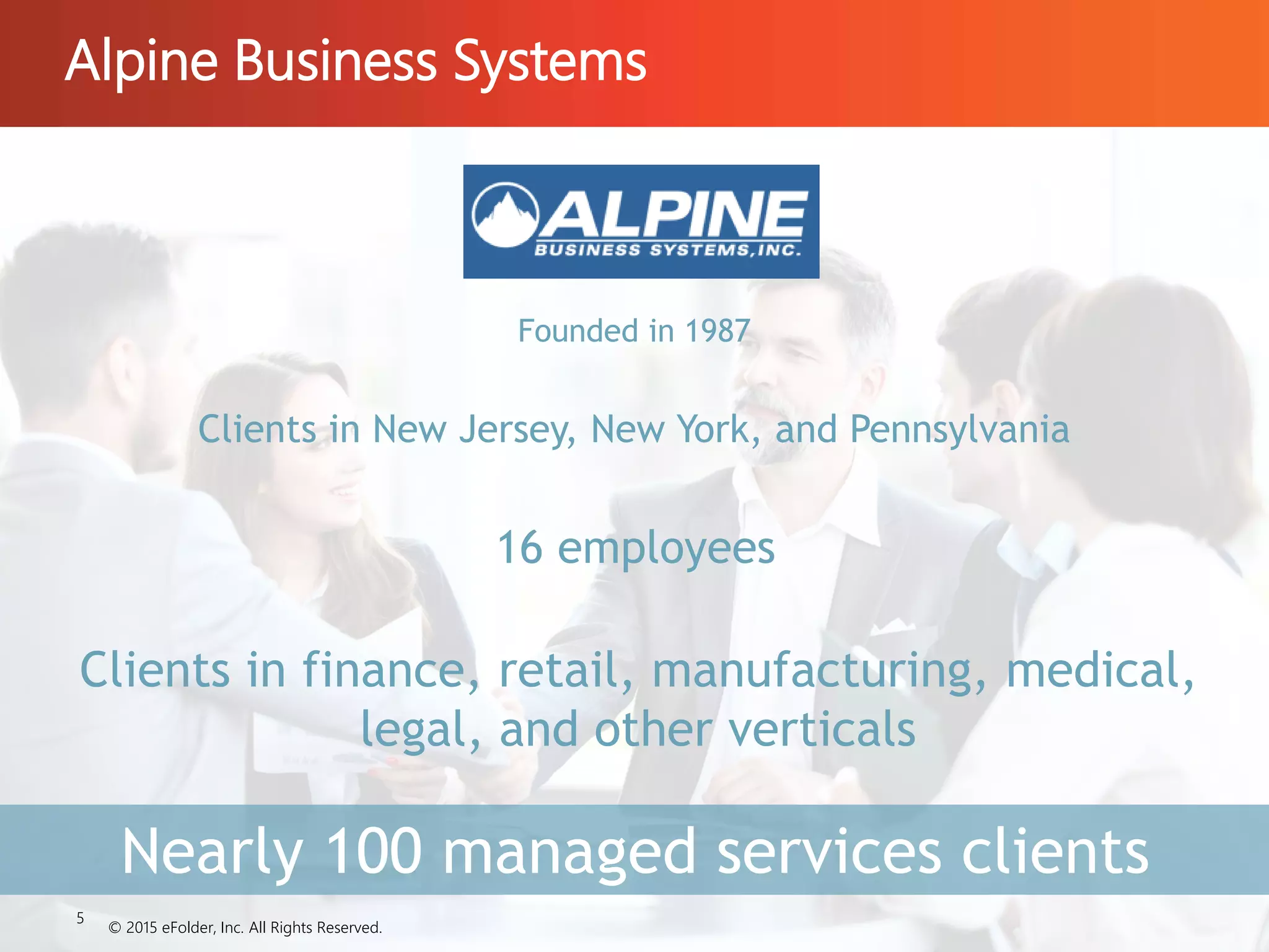 Alpine Business Systems
© 2015 eFolder, Inc. All Rights Reserved.
5
16 employees
Founded in 1987
Clients in finance, retail, manufacturing, medical,
legal, and other verticals
Nearly 100 managed services clients
Clients in New Jersey, New York, and Pennsylvania
 