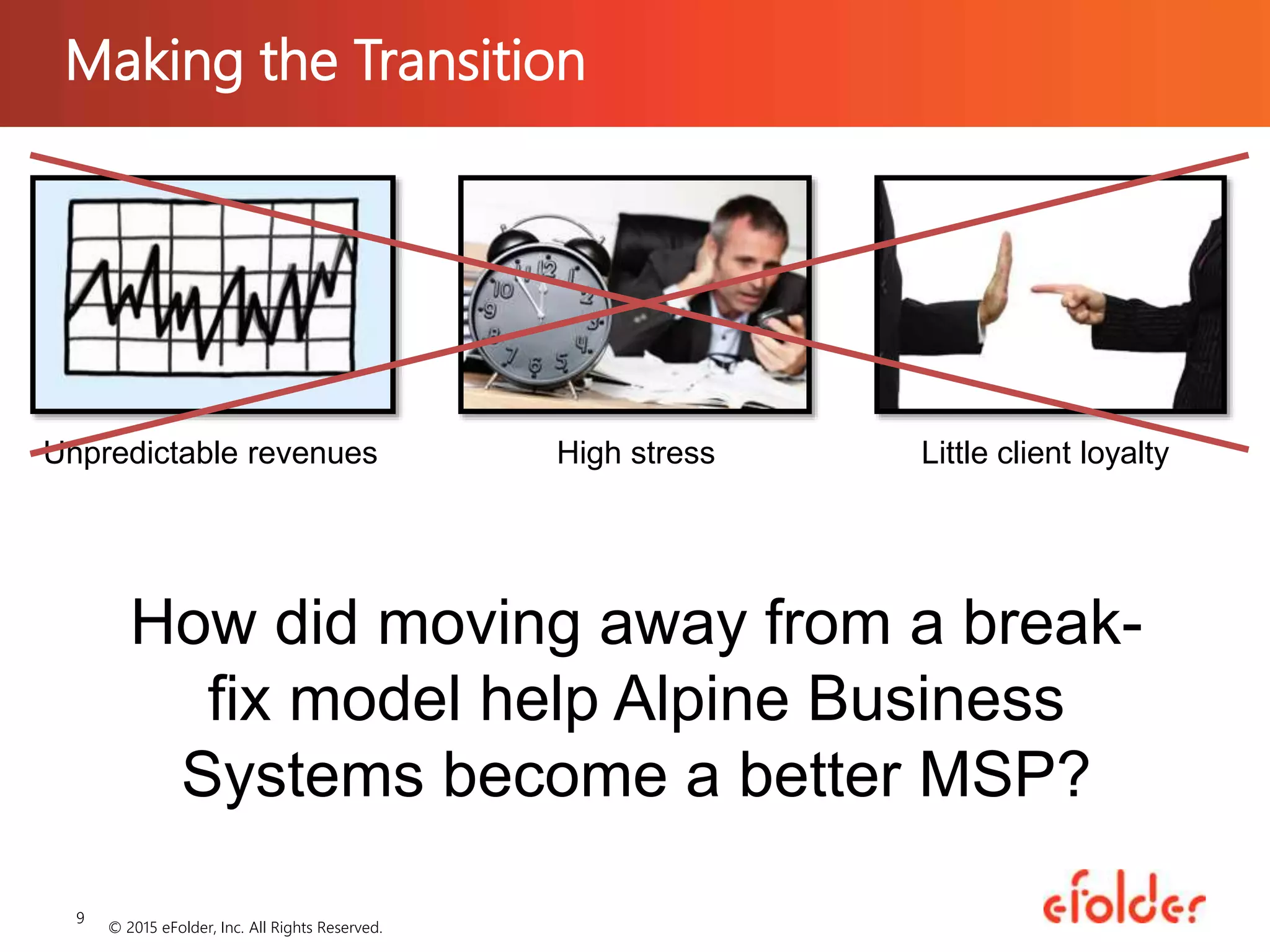 Making the Transition
© 2015 eFolder, Inc. All Rights Reserved.
9
Unpredictable revenues High stress Little client loyalty
How did moving away from a break-
fix model help Alpine Business
Systems become a better MSP?
 