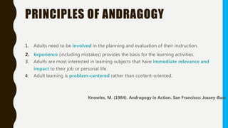 PRINCIPLES OF ANDRAGOGY
1. Adults need to be involved in the planning and evaluation of their instruction.
2. Experience (including mistakes) provides the basis for the learning activities.
3. Adults are most interested in learning subjects that have immediate relevance and
impact to their job or personal life.
4. Adult learning is problem-centered rather than content-oriented.
Knowles, M. (1984). Andragogy in Action. San Francisco: Jossey-Bass
 