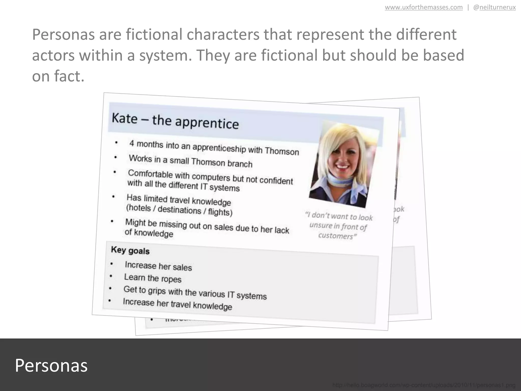 http://hello.boagworld.com/wp-content/uploads/2010/11/personas1.png
www.uxforthemasses.com | @neilturnerux
Personas are fictional characters that represent the different
actors within a system. They are fictional but should be based
on fact.
Personas
 
