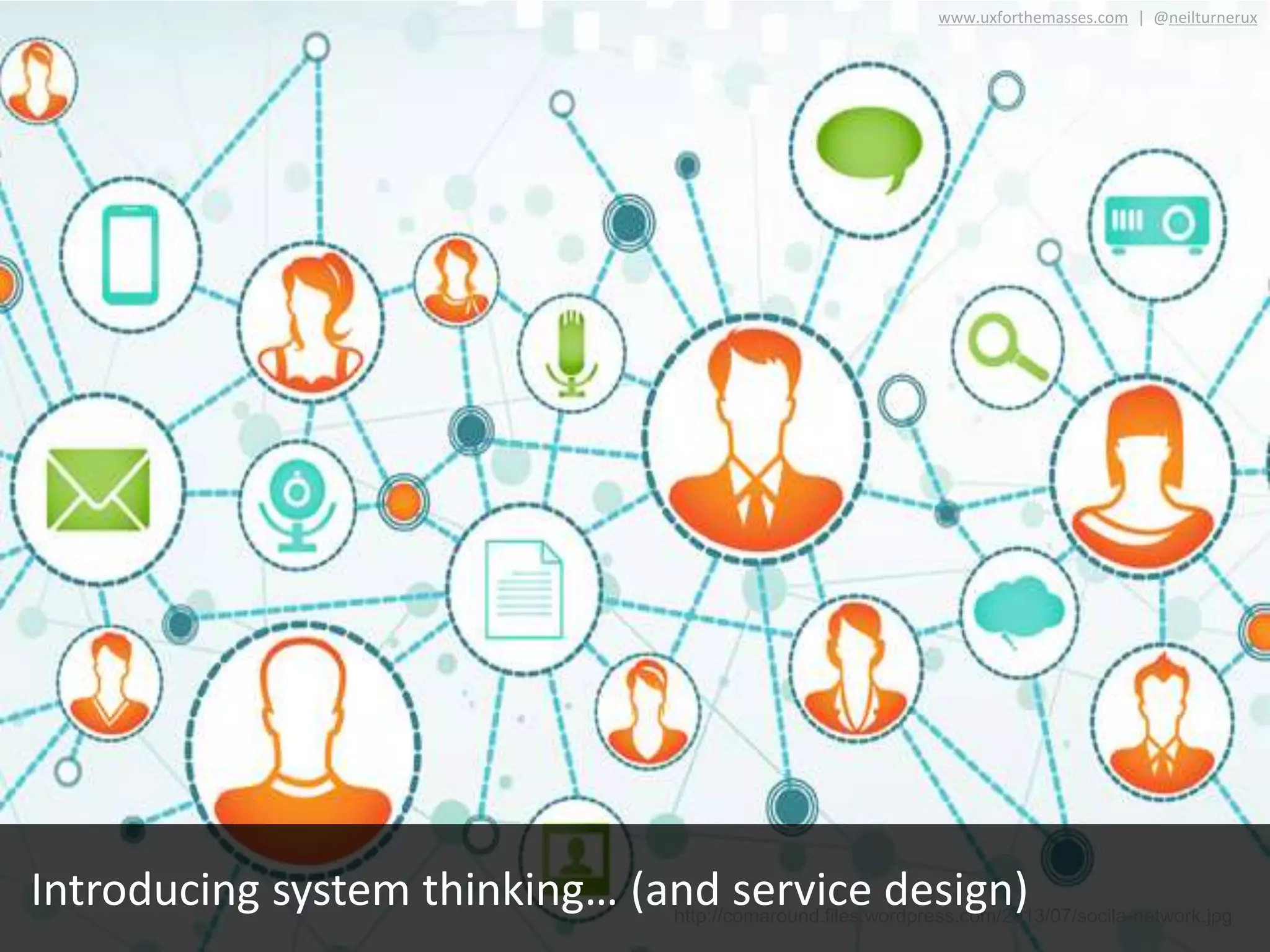 http://comaround.files.wordpress.com/2013/07/socila-network.jpg
www.uxforthemasses.com | @neilturnerux
Introducing system thinking… (and service design)
 