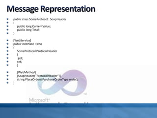public class SomeProtocol : SoapHeader
{
public long CurrentValue;
public long Total;
}
[WebService]
public interface IEcho
{
SomeProtocol ProtocolHeader
{
get;
set;
}
[WebMethod]
[SoapHeader("ProtocolHeader")]
string PlaceOrders(PurchaseOrderType order);
}
 