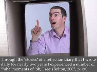 alexhd57's Flickr photostreamThrough the ‘stories’ of a reflection diary that I wrote daily for nearly two years I experienced a number of “‘aha’ moments of ‘oh, I see’ (Bolton, 2005, p. xv).