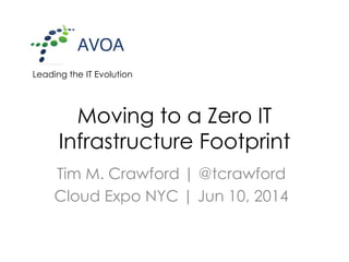 Leading the IT Evolution
Moving to a Zero IT
Infrastructure Footprint
Tim M. Crawford | @tcrawford
Cloud Expo NYC | Jun 10, 2014
 
