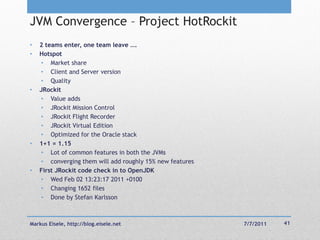 JVM Convergence – Project HotRockit
•   2 teams enter, one team leave ….
•   Hotspot
    • Market share
    • Client and Server version
    • Quality
•   JRockit
    • Value adds
    • JRockit Mission Control
    • JRockit Flight Recorder
    • JRockit Virtual Edition
    • Optimized for the Oracle stack
•   1+1 = 1.15
    • Lot of common features in both the JVMs
    • converging them will add roughly 15% new features
•   First JRockit code check in to OpenJDK
    • Wed Feb 02 13:23:17 2011 +0100
    • Changing 1652 files
    • Done by Stefan Karlsson



Markus Eisele, http://blog.eisele.net                     7/7/2011   41
 