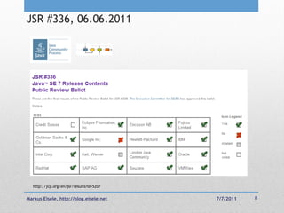 JSR #336, 06.06.2011




  http://jcp.org/en/jsr/results?id=5207


Markus Eisele, http://blog.eisele.net     7/7/2011   8
 