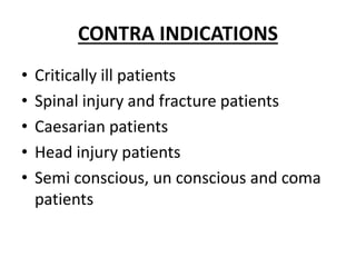 CONTRA INDICATIONS
• Critically ill patients
• Spinal injury and fracture patients
• Caesarian patients
• Head injury patients
• Semi conscious, un conscious and coma
patients
 