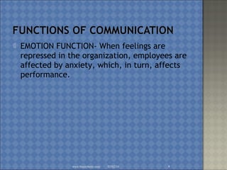  EMOTION FUNCTION- When feelings are
repressed in the organization, employees are
affected by anxiety, which, in turn, affects
performance.
02/02/16www.brainybetty.com 4
 
