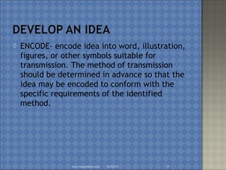  ENCODE- encode idea into word, illustration,
figures, or other symbols suitable for
transmission. The method of transmission
should be determined in advance so that the
idea may be encoded to conform with the
specific requirements of the identified
method.
02/02/16www.brainybetty.com 6
 