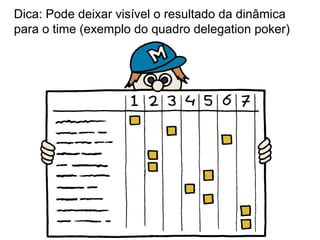 Dica: Pode deixar visível o resultado da dinâmica
para o time (exemplo do quadro delegation poker)
 