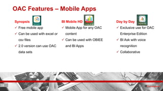 18 ITC CORPORATE PRESENTATION © IT Convergence 2017 • All rights reserved18 18
OAC Features – Mobile Apps
BI Mobile HD
 Mobile App for any OAC
content
 Can be used with OBIEE
and BI Apps
Synopsis
 Free mobile app
 Can be used with excel or
csv files
 2.0 version can use OAC
data sets
Day by Day
 Exclusive use for OAC
Enterprise Edition
 BI Ask with voice
recognition
 Collaborative
 