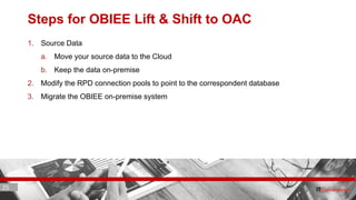 25 ITC CORPORATE PRESENTATION © IT Convergence 2017 • All rights reserved25 25
Steps for OBIEE Lift & Shift to OAC
1. Source Data
a. Move your source data to the Cloud
b. Keep the data on-premise
2. Modify the RPD connection pools to point to the correspondent database
3. Migrate the OBIEE on-premise system
 