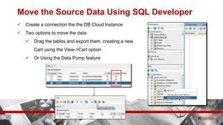 28 ITC CORPORATE PRESENTATION © IT Convergence 2017 • All rights reserved28 28
Move the Source Data Using SQL Developer
 Create a connection the the DB Cloud Instance
 Two options to move the data:
 Drag the tables and export them, creating a new
Cart using the View->Cart option
 Or Using the Data Pump feature
 