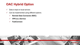 32 ITC CORPORATE PRESENTATION © IT Convergence 2017 • All rights reserved32 32
OAC Hybrid Option
 Data is kept on local servers
 Can be implemented using different options
 Remote Data Connector (RDC)
 VPN as a Service
 FastConnect
 