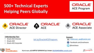 5 ITC CORPORATE PRESENTATION © IT Convergence 2017 • All rights reserved
3 Membership Tiers
• Oracle ACE Director
• Oracle ACE
• Oracle ACE Associate
bit.ly/OracleACEProgram
500+ Technical Experts
Helping Peers Globally
Connect:
Nominate yourself or someone you know: acenomination.oracle.com
@oracleace
Facebook.com/oracleaces
oracle-ace_ww@oracle.com
 