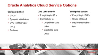 9 ITC CORPORATE PRESENTATION © IT Convergence 2017 • All rights reserved9 9
Oracle Analytics Cloud Service Options
Standard Edition
 DVCS
 Synopsis Mobile App
 DVD (50 Users per
CPU)
 Essbase
Data Lake Edition
 Everything in SE +
 Connectivity to:
 On premise Data
Lakes
 Oracle Big Data
Cloud
Enterprise Edition
 Everything in DLE +
 Oracle BI Cloud
 Day by Day Mobile
App
 