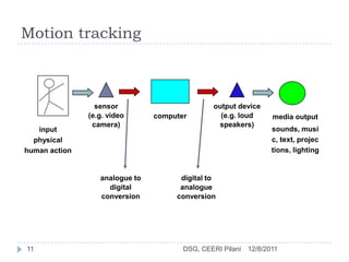 Motion tracking



                 sensor                        output device
               (e.g. video      computer         (e.g. loud       media output
                camera)                         speakers)
   input                                                          sounds, musi
  physical                                                        c, text, projec
human action                                                      tions, lighting


                  analogue to         digital to
                    digital           analogue
                  conversion         conversion




11                                     DSG, CEERI Pilani   12/8/2011
 