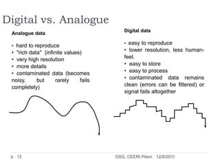 Digital vs. Analogue
                                           Digital data
 Analogue data

                                           • easy to reproduce
 • hard to reproduce
 • "rich data" (infinite values)           • lower resolution, less human-
 • very high resolution                    feel.
 • more details                            • easy to store
 • contaminated data (becomes              • easy to process
 noisy,     but      rarely    fails       • contaminated data remains
 completely)                               clean (errors can be filtered) or
                                           signal fails altogether




   12                                  DSG, CEERI Pilani   12/8/2011
 