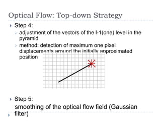 Optical Flow: Top-down Strategy
   Step 4:
     adjustment of the vectors of the l-1(one) level in the
      pyramid
     method: detection of maximum one pixel
      displacements around the initially approximated
      position




   Step 5:
    smoothing of the optical flow field (Gaussian
    filter)
 