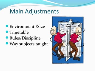 Main Adjustments
Environment /Size
Timetable
Rules/Discipline
Way subjects taught

 