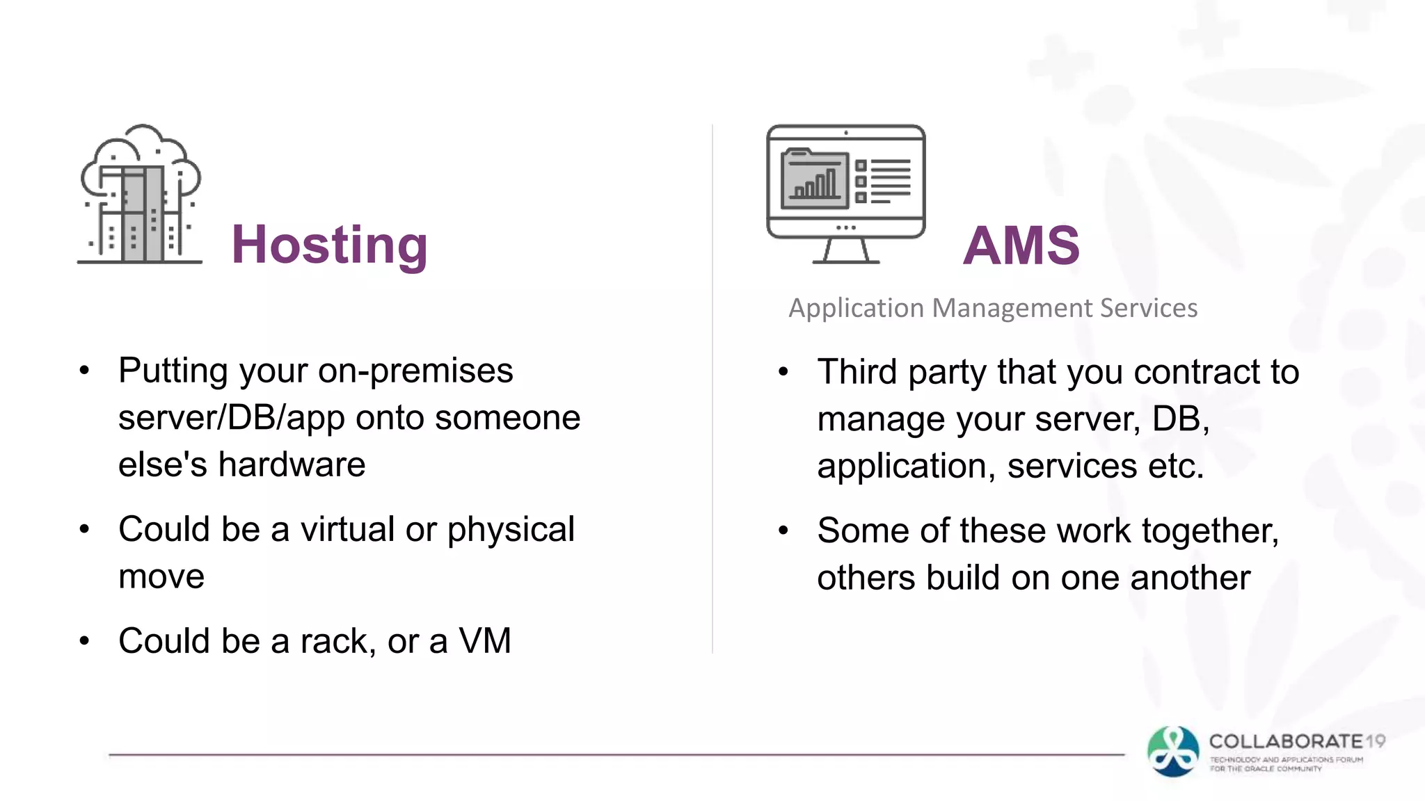 Hosting
• Putting your on-premises
server/DB/app onto someone
else's hardware
• Could be a virtual or physical
move
• Could be a rack, or a VM
AMS
• Third party that you contract to
manage your server, DB,
application, services etc.
• Some of these work together,
others build on one another
Application Management Services
 