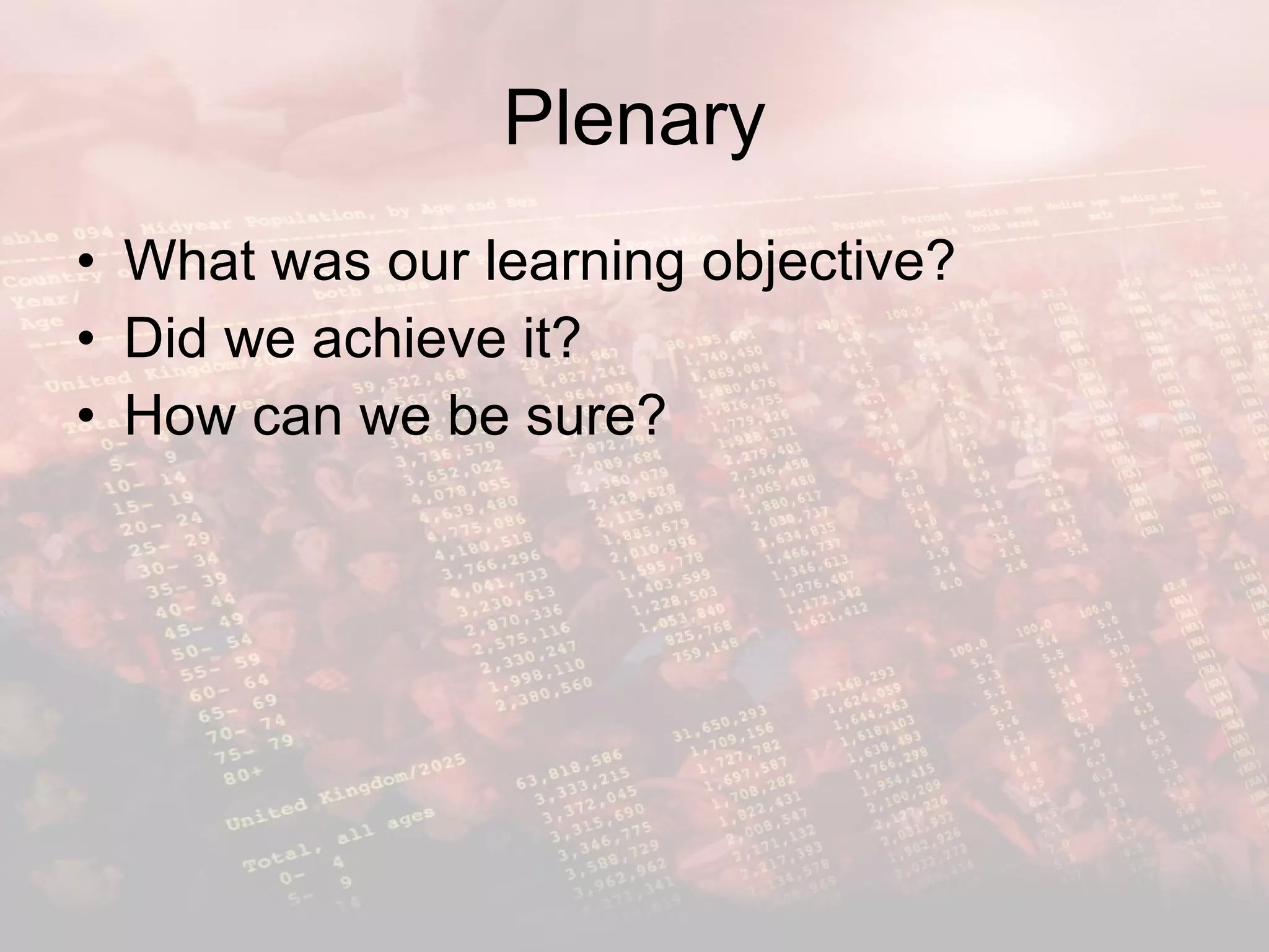 Plenary What was our learning objective? Did we achieve it? How can we be sure? 