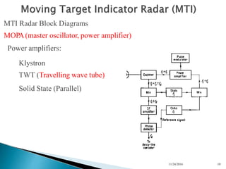 n
n
n
n
MTI Radar Block Diagrams
MOPA(master oscillator, power amplifier)
Power amplifiers:
Klystron
TWT (Travelling wave tube)
Solid State (Parallel)
11/24/2016 10
 
