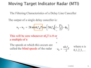n
n
n
n
The Filtering Characteristics of a Delay Line Canceller
The output of a single delay canceller is:
This will be zero whenever πfdT is 0 or
a multiple of π
The speeds at which this occurs are
called the blind speeds of the radar
.
where n is
0,1,2,3,…
11/24/2016 14
 