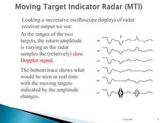 n
n
n
n
Looking a successive oscilloscope displays of radar
receiver output we see:
At the ranges of the two
targets, the return amplitude
is varying as the radar
samples the (relatively) slow
Doppler signal.
The bottom trace shows what
would be seen in real time
with the moving targets
indicated by the amplitude
changes.
11/24/2016 8
 