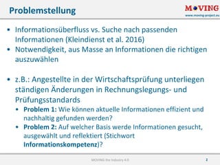 www.moving-project.eu
2
• Informationsüberfluss	vs.	Suche	nach	passenden	
Informationen	(Kleindienst	et	al.	2016)
• Notwendigkeit,	aus	Masse	an	Informationen	die	richtigen	
auszuwählen
• z.B.:	Angestellte	in	der	Wirtschaftsprüfung	unterliegen	
ständigen	Änderungen	in	Rechnungslegungs- und	
Prüfungsstandards
• Problem	1: Wie	können	aktuelle	Informationen	effizient	und	
nachhaltig	gefunden	werden?
• Problem	2: Auf	welcher	Basis	werde	Informationen	gesucht,	
ausgewählt	und	reflektiert	(Stichwort	
Informationskompetenz)?
Problemstellung
MOVING	the	Industry	4.0
 