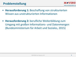 www.moving-project.eu
3
• Herausforderung	1: Beschaffung	von	strukturierten	
Wissen	aus	unstrukturierten	Informationen
• Herausforderung	2: berufliche	Weiterbildung	zum	
Umgang	mit	großen	Informations- und	Datenmengen	
(Bundesministerium	für	Arbeit	und	Soziales,	2015)
Problemstellung
MOVING	the	Industry	4.0
 