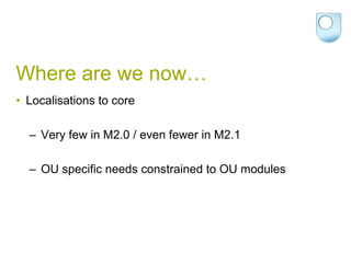 Where are we now…Localisations to core Very few in M2.0 / even fewer in M2.1OU specific needs constrained to OU modules