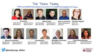 Presenters
Helen Bevan
@helenbevan
Kathryn Perera
@KathrynPerera
School Coordinators
Olly Benson
@OllyBenson
Webex Hosts
Paul Woodley
@PaulWoodley4
Chat Monitors
Dom Cushnan
@DomCushnan
Presenter Support
Zoe Lord
@ZoeLord1
Zarah Mowhabuth
@ZarahMowhabuth
Back up Presenter
Sasha Karakusevic
@Karas01
Social Media Monitors
Rosie Redstone
@RosieRedstone
Pardeep Bains
@PardeepBains_
Diane Ketley
@DianeKetley
WhatsApp coordinator
Bev Matthews
@BevMatthewsRN
Leigh Kendall
@leighakendall
@Sch4Change #S4CA
 