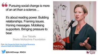 Pursuing social change is more
of an art than a science…
It’s about reading power. Building
relationships. Framing issues.
Honing messages. Mobilising
supporters. Bringing pressure to
bear.
Sue Tibballs
Sheila McKechnie Foundation
From: We Change the World: How Social Movements
Influence Health and Wellbeing, NESTA
@Sch4Change #S4CA
 