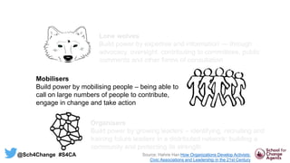 Lone wolves
Build power by expertise and information — through
advocacy, oversight, contributing to committees, public
comments and other forms of consultation
Mobilisers
Build power by mobilising people – being able to
call on large numbers of people to contribute,
engage in change and take action
Organisers
Build power by growing leaders – identifying, recruiting and
training future leaders in a distributed network: building a
community and protecting its strength
@Sch4Change #S4CA Source: Hahrie Han How Organizations Develop Activists:
Civic Associations and Leadership in the 21st Century
 