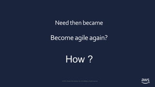 © 2018, Amazon Web Services, Inc. or its affiliates. All rights reserved.
© 2019, Amazon Web Services, Inc. or its Affiliates. All rights reserved.
Needthenbecame
Becomeagileagain?
 