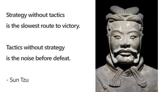 Strategy without tactics
is the slowest route to victory.
Tactics without strategy
is the noise before defeat.
- Sun Tzu
 