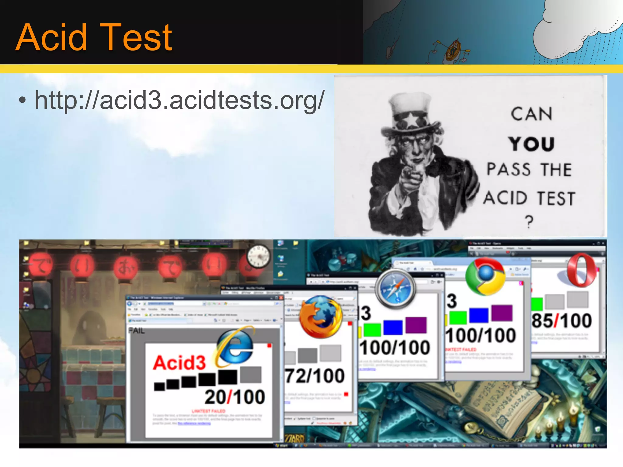 Acid Test •  http://acid3.acidtests.org/ 