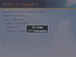 HTML in ScalaFX
object WebViewTest extends JFXApp {
 stage = new Stage {
        title = "Web Test"
        scene = new Scene {
            WebView {                  10 Lines
                                   117 Characters
                location = "http://google.com/"
            }
        }
    }
}
 
