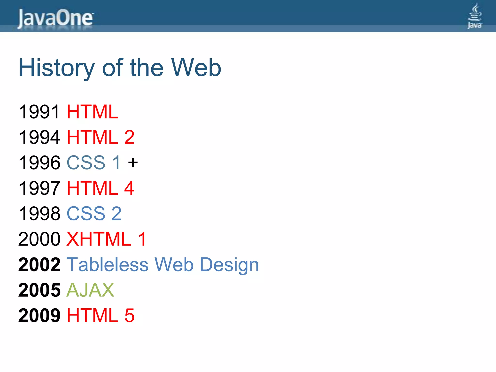History of the Web1991 HTML1994 HTML 21996 CSS 1 + JavaScript1997 HTML 41998 CSS 22000 XHTML 12002Tableless Web Design2005AJAX2009HTML 5
