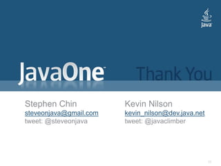 25Stephen Chinsteveonjava@gmail.comtweet: @steveonjavaKevin Nilsonkevin_nilson@dev.java.nettweet: @javaclimber