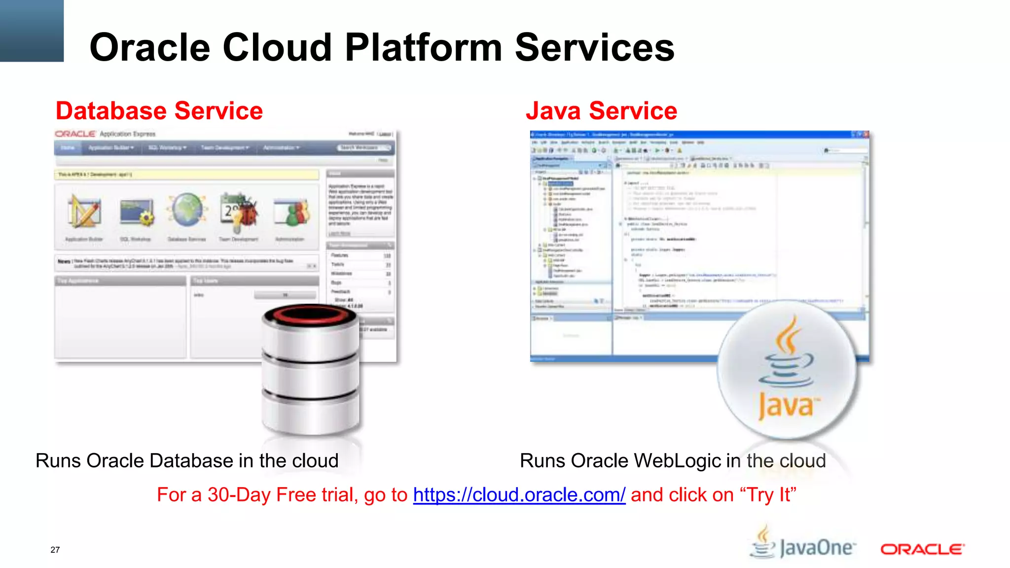 Oracle Cloud Platform Services
  Database Service                                       Java Service




Runs Oracle Database in the cloud                        Runs Oracle WebLogic in the cloud
             For a 30-Day Free trial, go to https://cloud.oracle.com/ and click on “Try It”

 27
 