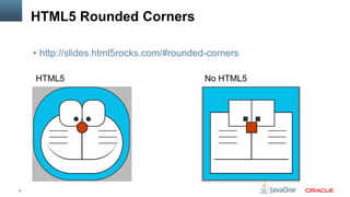 HTML5 Rounded Corners

    • http://slides.html5rocks.com/#rounded-corners

    HTML5                                  No HTML5




6
 