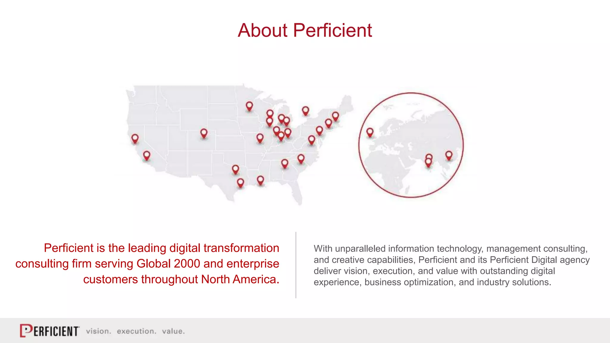About Perficient
Perficient is the leading digital transformation
consulting firm serving Global 2000 and enterprise
customers throughout North America.
With unparalleled information technology, management consulting,
and creative capabilities, Perficient and its Perficient Digital agency
deliver vision, execution, and value with outstanding digital
experience, business optimization, and industry solutions.
 