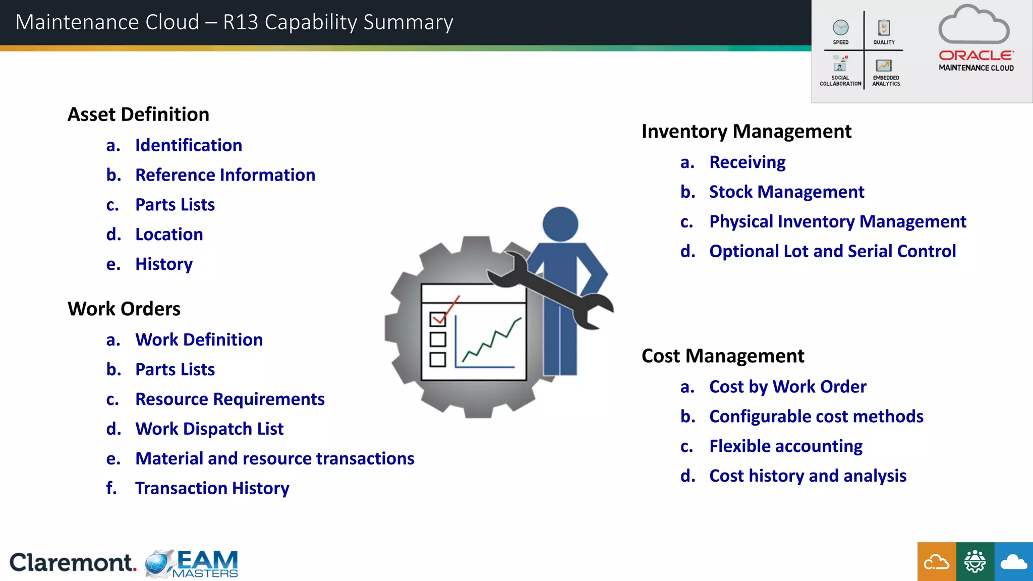 Maintenance Cloud – R13 Capability Summary
Asset Definition
a. Identification
b. Reference Information
c. Parts Lists
d. Location
e. History
Inventory Management
a. Receiving
b. Stock Management
c. Physical Inventory Management
d. Optional Lot and Serial Control
Work Orders
a. Work Definition
b. Parts Lists
c. Resource Requirements
d. Work Dispatch List
e. Material and resource transactions
f. Transaction History
Cost Management
a. Cost by Work Order
b. Configurable cost methods
c. Flexible accounting
d. Cost history and analysis
 